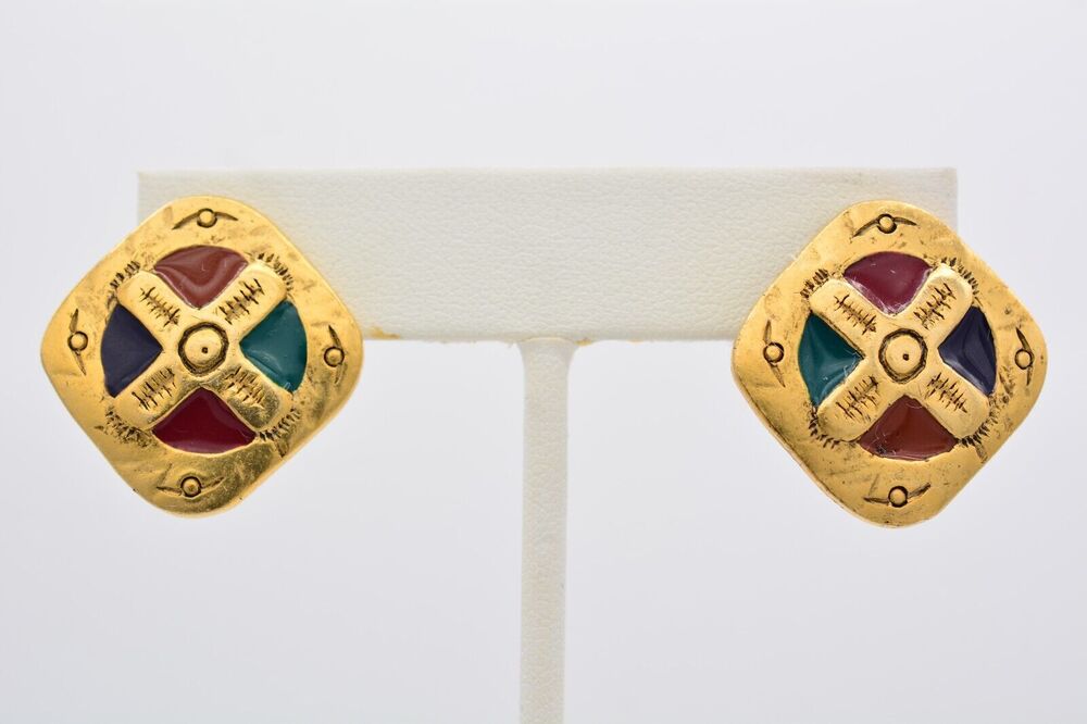 C. Stein Vintage Clip Earrings Enamel Antiqued Brushed Gold Signed 1980s BinAR